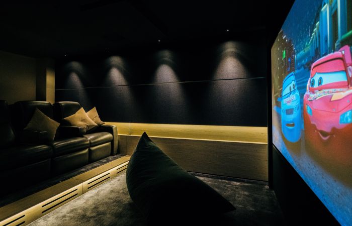 home theater with the movie Cars on the screen
